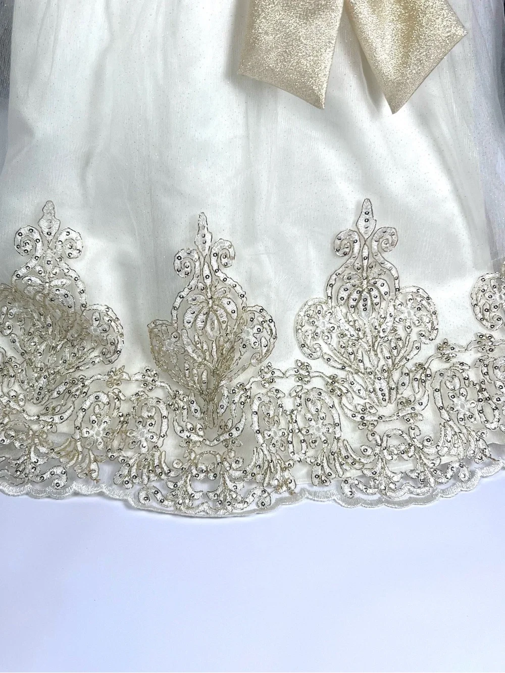Rare Editions Black Velvet and Cream Tulle Dress Gold Bow and Embroidered Skirt